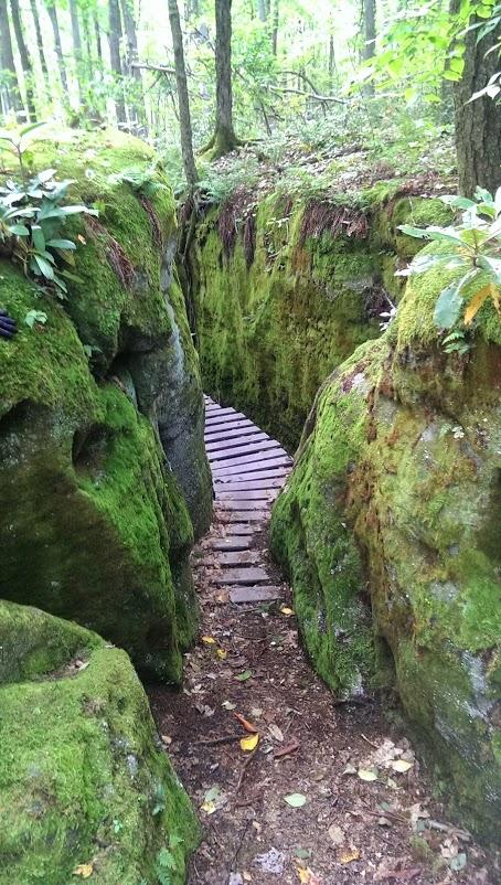 A narrow path through a forested area is flanked by tall, moss-covered rocks. A wooden bridge leads through the rocky passage, with greenery surrounding the entrance and light filtering through the trees overhead. Big Bear Lake Trail Center mountain bike trail.