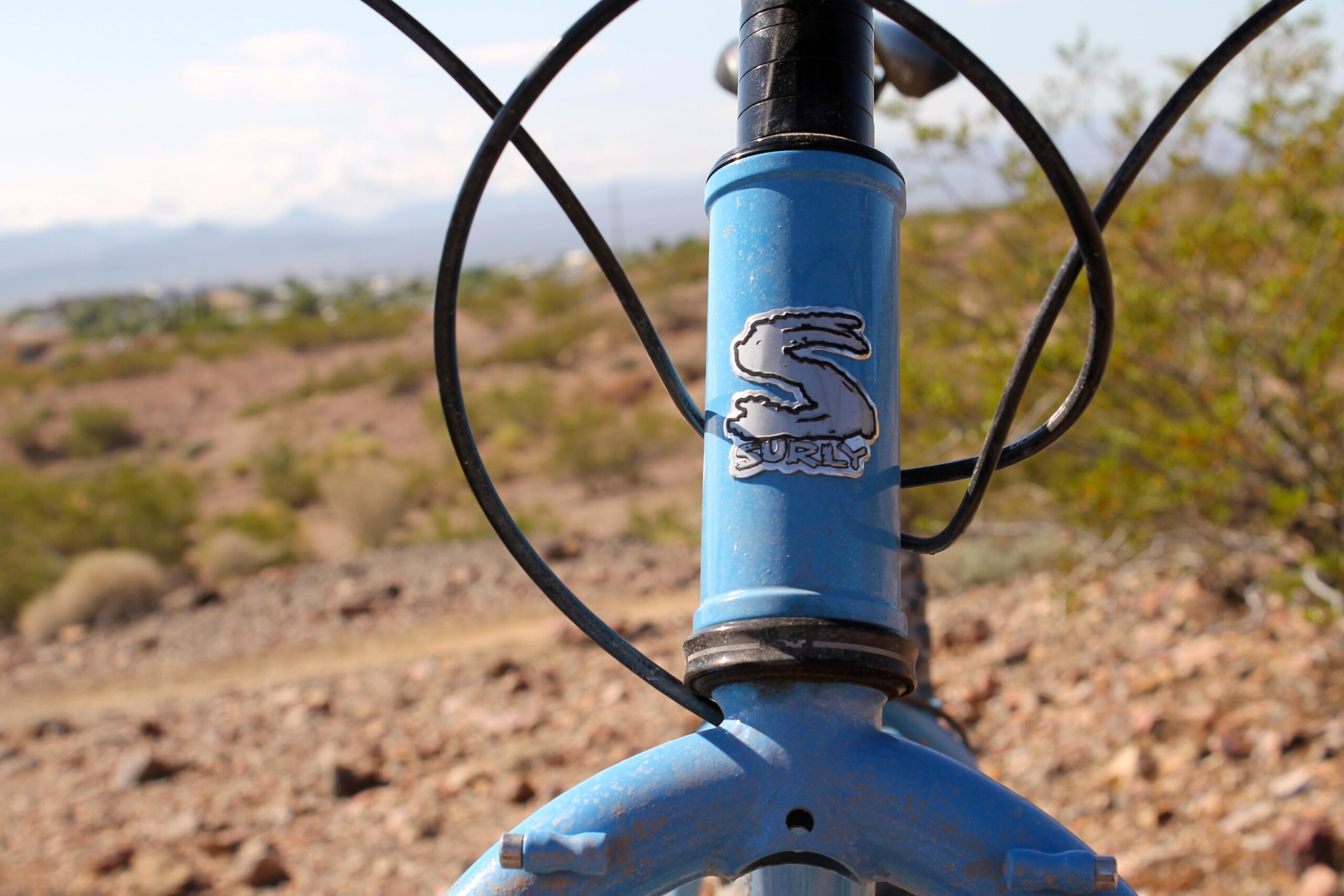 Surly Ice Cream Truck: Close-up of a blue bicycle's headtube featuring a "Surly" logo, with the handlebars and cables in the foreground, set against a blurred natural background of shrubs and rocky terrain.
