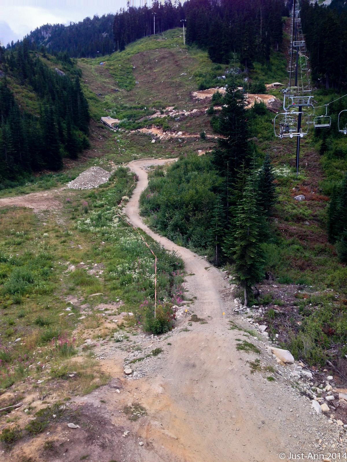 A winding dirt path surrounded by lush greenery and scattered rocks, leading through a mountainous terrain. In the background, ski lift towers rise amidst coniferous trees, indicating a resort area. The scene is set on an overcast day, highlighting the natural beauty of the landscape. PBR Powered By Rudolph mountain bike trail.
