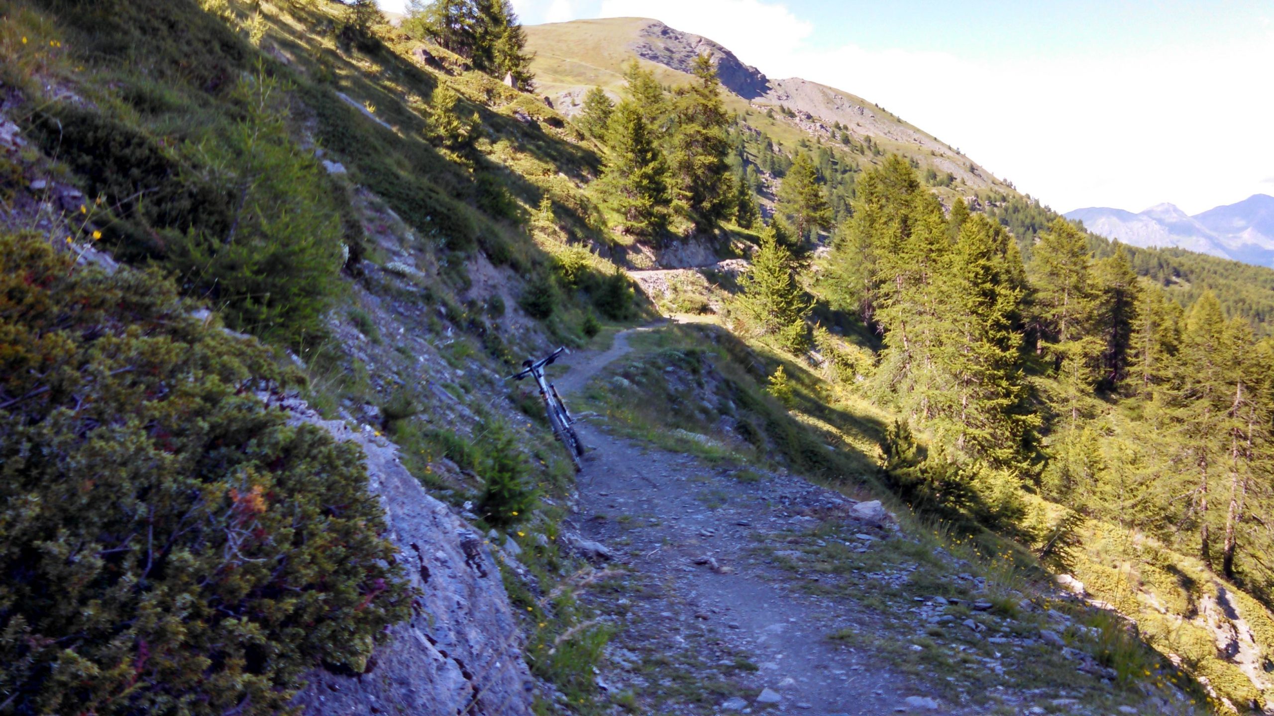 A scenic mountain biking trail winding through lush greenery and rocky terrain, with a bicycle leaning against a rock on the path. In the background, hills and mountains rise beneath a clear blue sky. Sestriere mountain bike trail.