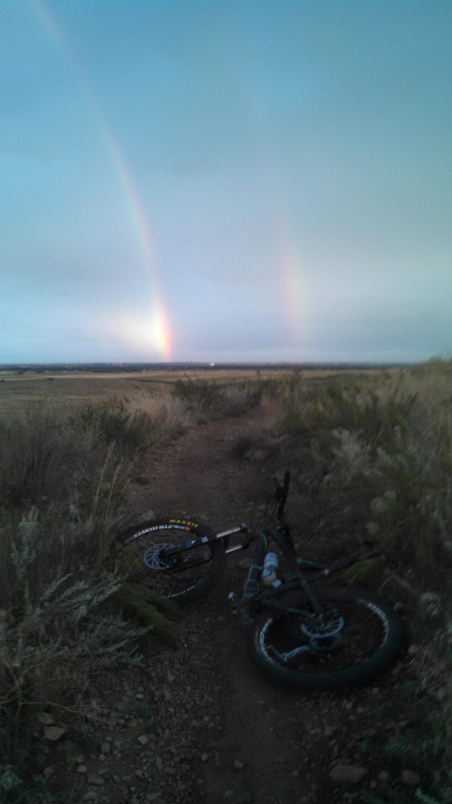 A mountain bike rests on a dirt trail surrounded by tall grass and shrubs, with a panoramic view of a landscape under a cloudy sky. In the background, two rainbows arch over the horizon, adding vibrant colors to the scene. Coyote Ridge mountain bike trail.