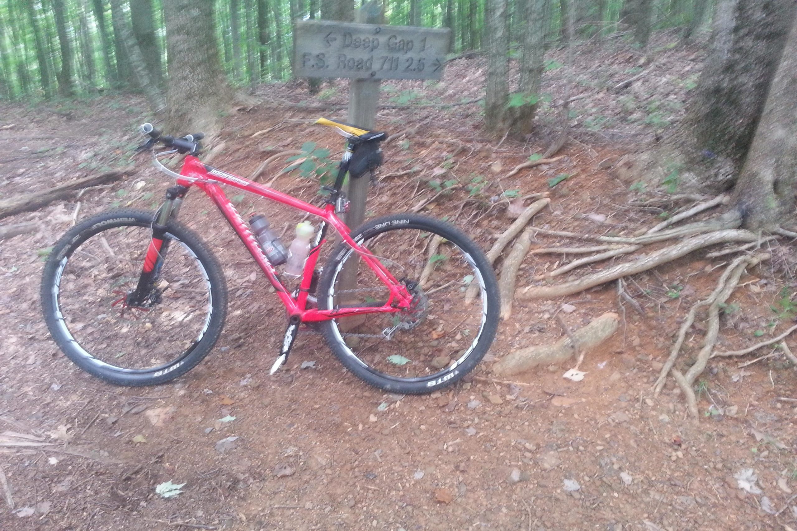 A red mountain bike parked beside a wooden sign indicating "Deep Gap 1" and "F.S. Road 711 2.5," surrounded by lush forest undergrowth and tree roots. Aska Trail System mountain bike trail.