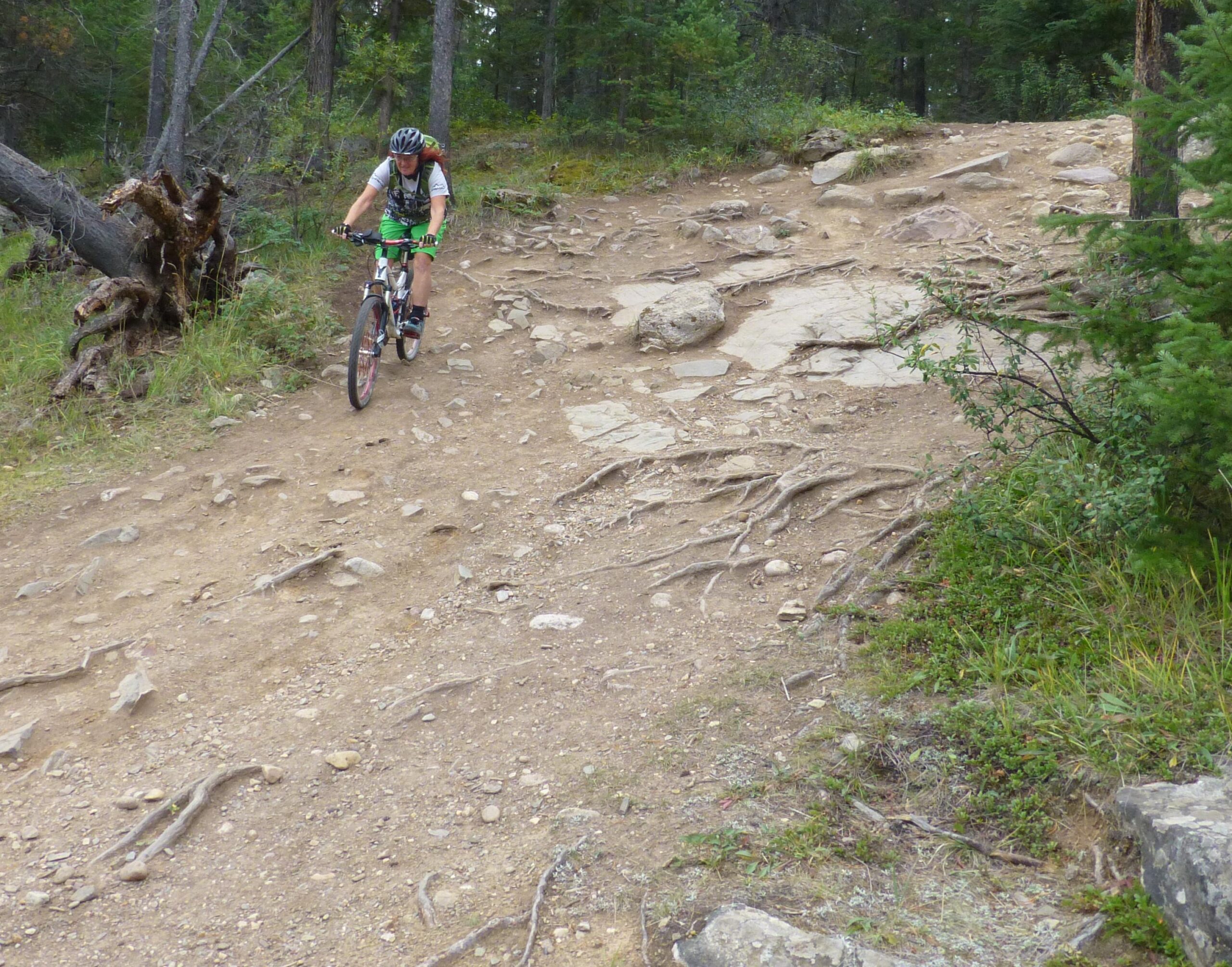 A mountain biker navigating a rocky and root-covered trail in a forested area. The scene depicts a mix of dirt, rocks, and tree roots, with trees and greenery in the background. 12 to 5 to 5 / Valley of the Five Lakes and Wabasso Lake mountain bike trail.