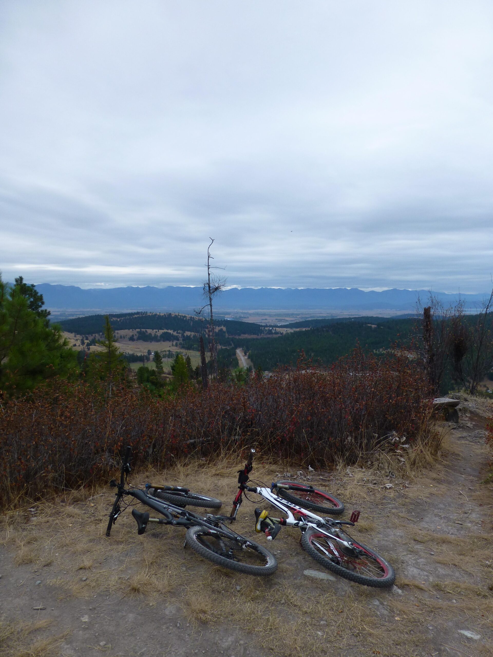 Two mountain bikes are lying side by side on a rocky path overlooking a vast, hilly landscape under a cloudy sky. In the background, a range of mountains is visible, with tones of green and brown in the foreground and a winding road cutting through the valley below. Sparse vegetation and dry grass surround the bikes, creating a serene outdoor scene. Herron Park/foys To Blacktail Trail mountain bike trail.