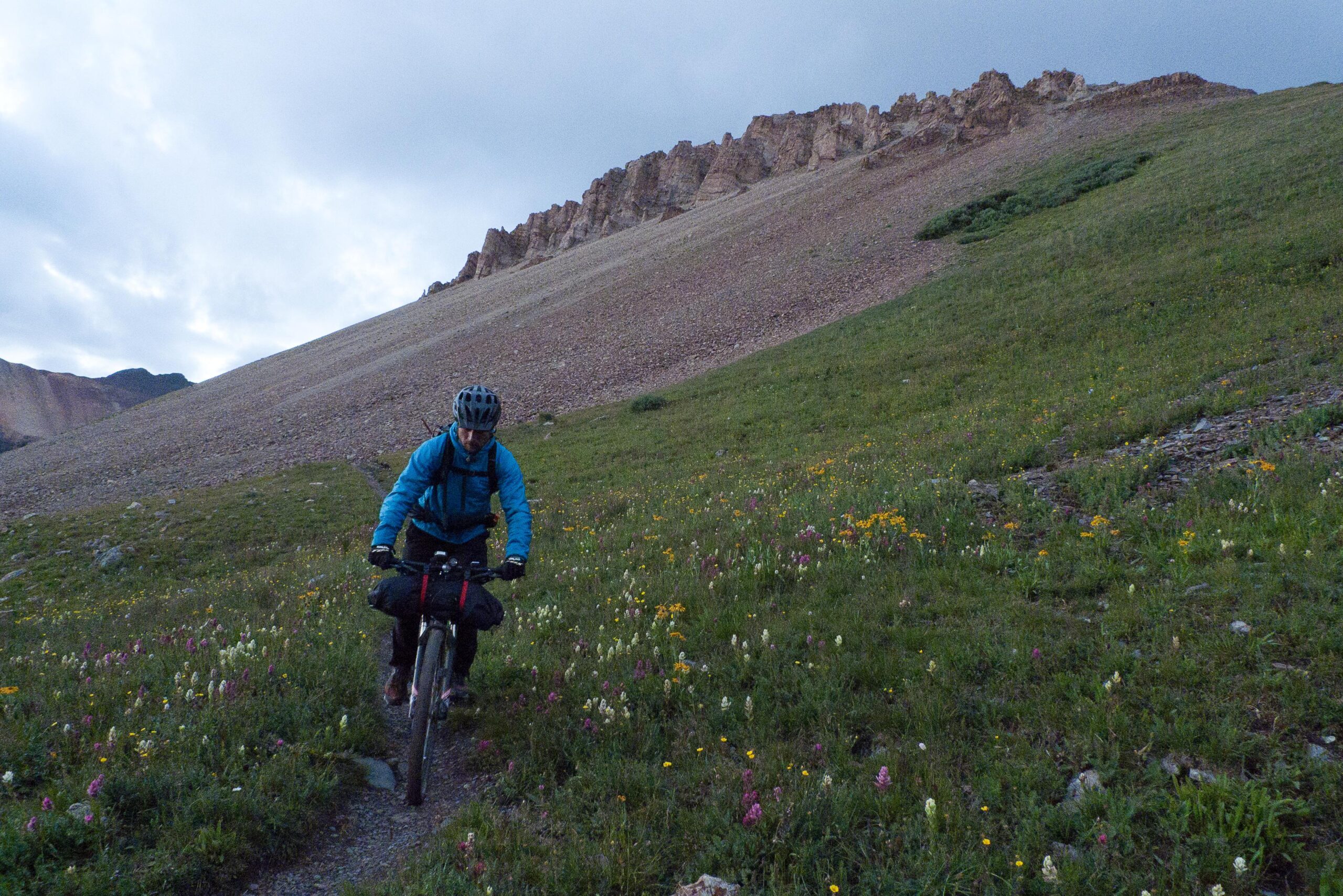 A cyclist in a blue jacket navigating a rocky trail surrounded by vibrant wildflowers and a mountainous landscape under a cloudy sky. Colorado Trail mountain bike trail.