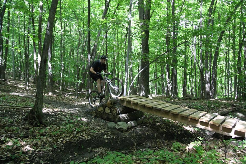 A mountain biker navigating a wooden bridge over a small gap in a lush green forest. Tall trees surround the path, with sunlight filtering through the leaves, creating a vibrant natural backdrop. Sentier #3 mountain bike trail.
