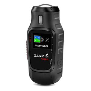 Garmin VIRB: Compact black action camera with a textured grip and a small digital display, labeled "VIEWFINDER" and featuring the Garmin VIRB logo.