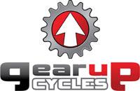Logo for "Gear Up Cycles," featuring a gear icon with an upward arrow inside, accompanied by the text "gear up" in a gradient from black to red and "CYCLES" in bold black letters.