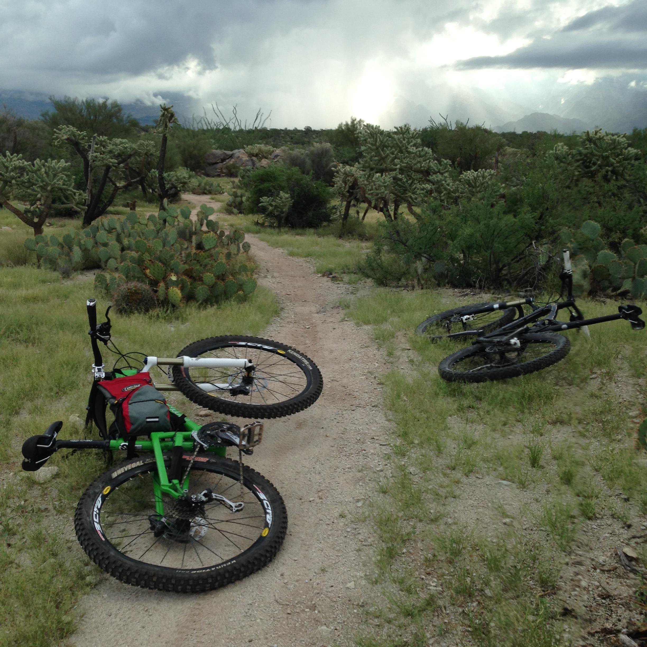 A mountain bike rests on its side on a dirt trail surrounded by green vegetation and cacti, with dramatic clouds overhead indicating impending rain. Another bike is also visible nearby, lying on the ground. The scene captures a rugged outdoor landscape typical for mountain biking. Honeybee Canyon / Rail X Ranch mountain bike trail.
