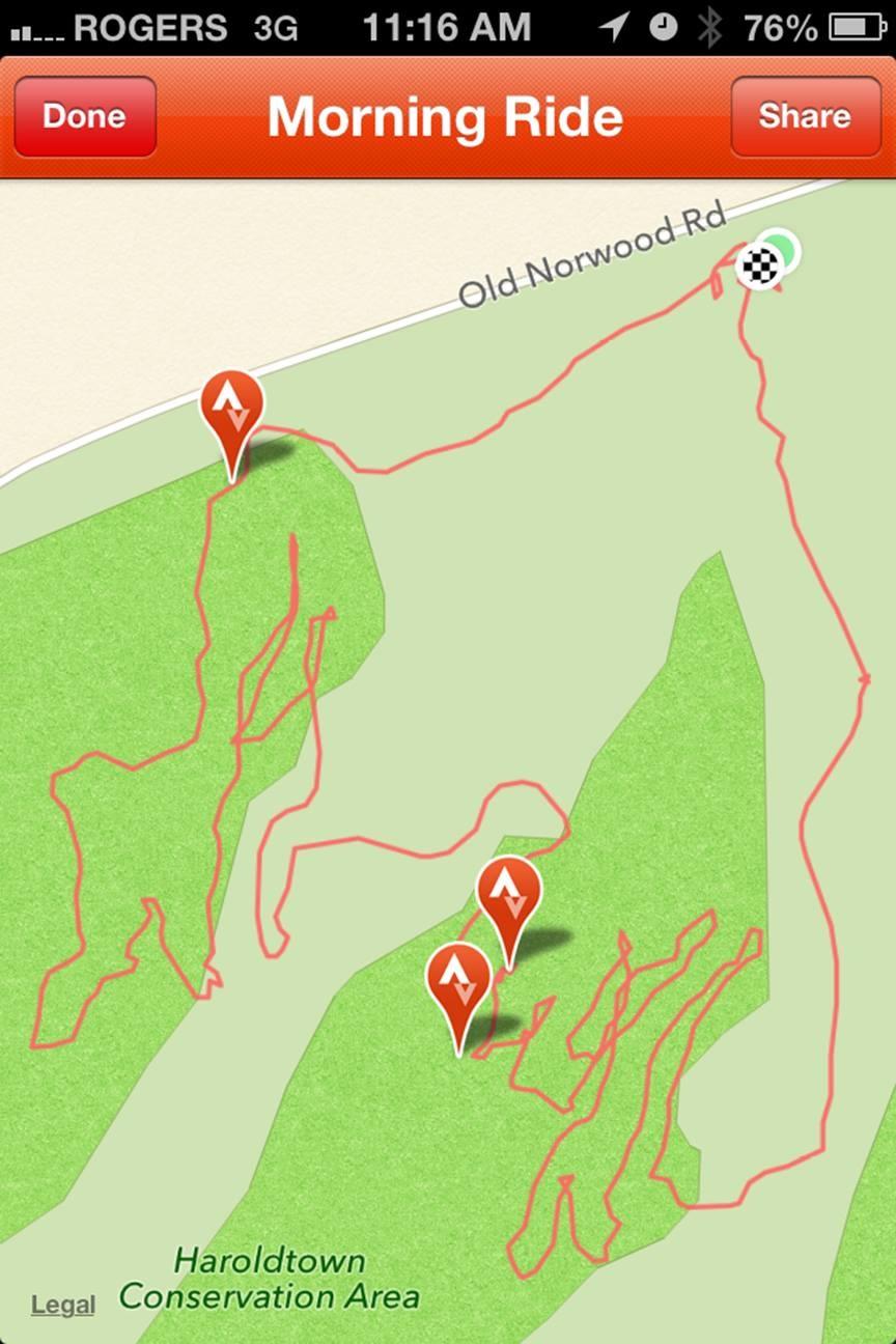 Map showing a recorded bike trail labeled "Morning Ride" with several path markers in red, indicating the route taken in Haroldtown Conservation Area. The map includes landmarks such as Old Norwood Rd and various twists and turns along the trail. Harold Town Ca mountain bike trail.