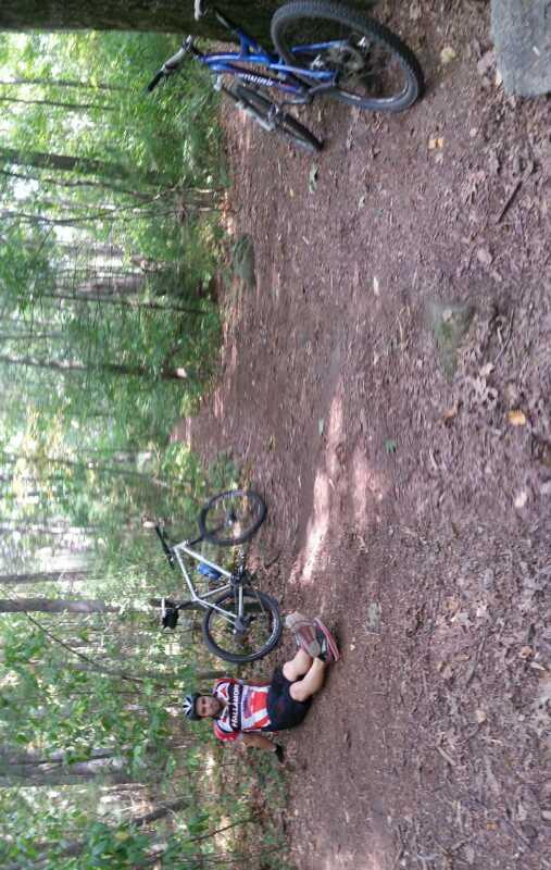 A mountain biker resting on the ground in a wooded trail area, with two bicycles positioned nearby. The scene is surrounded by lush greenery and a dirt path covered with leaves. F. Gilbert Hills State Park mountain bike trail.