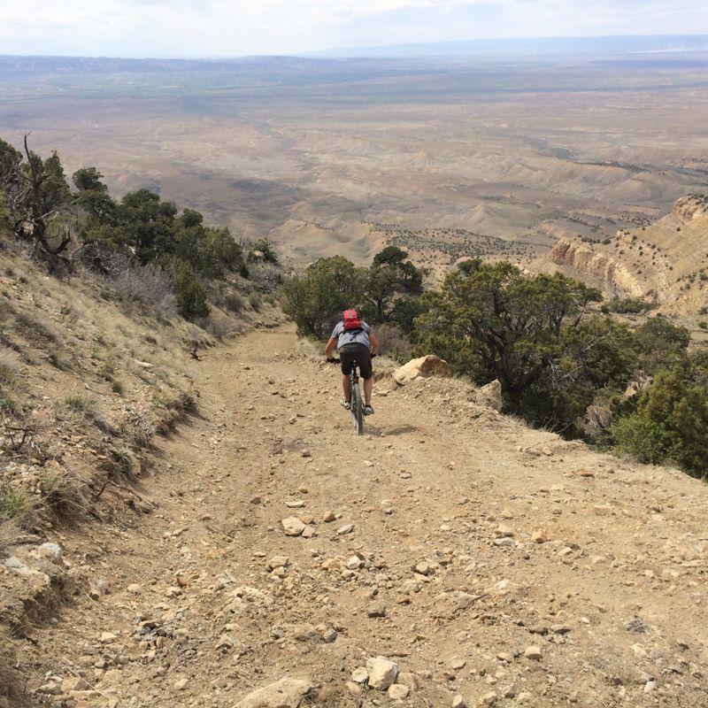 A mountain biker rides downhill on a rocky trail surrounded by sparse vegetation, with a vast valley and mountainous terrain visible in the background under a cloudy sky. 18 Road Trails / North Fruita Desert mountain bike trail.