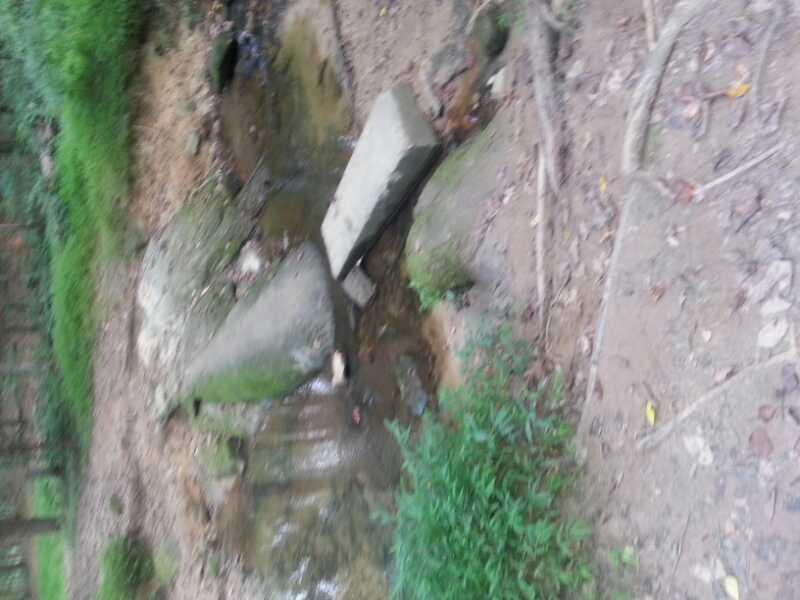 A small creek flowing through a wooded area, featuring uneven rocks, patches of grass, and earthy soil. The scene captures the natural beauty of the environment, with green vegetation surrounding the water. Durant Nature Park mountain bike trail.