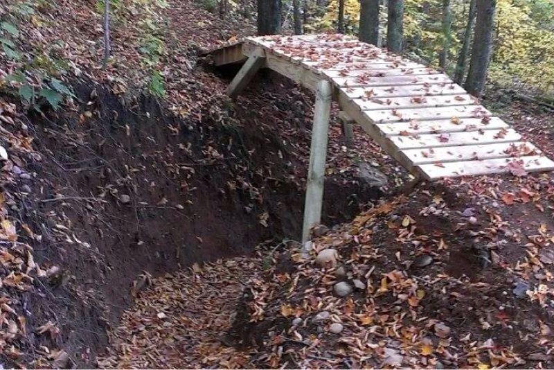 Wooden bridge crossing a trench in a wooded area, surrounded by autumn leaves on the ground and trees in the background. The Underdown mountain bike trail.