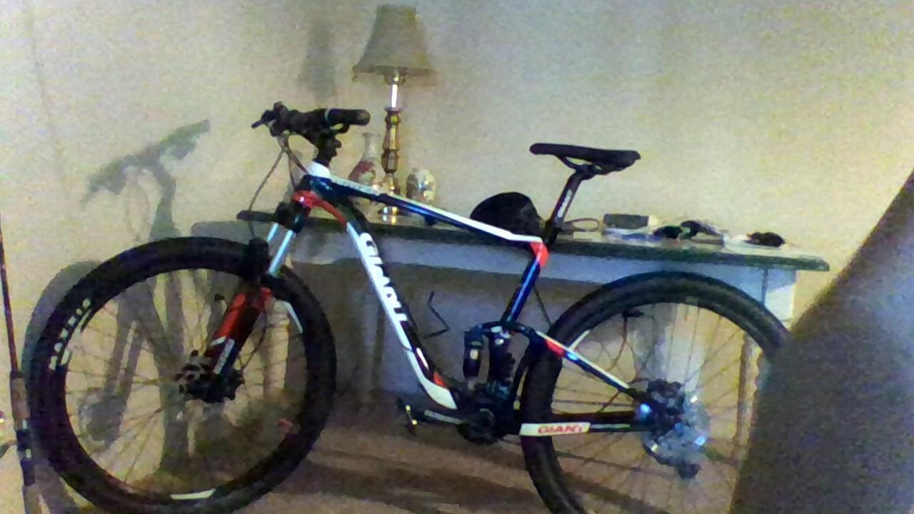 Giant Anthem: A blue and red mountain bike is leaning against a wall, with its shadow visible on the surface. In the background, there is a small lamp and various items on a table.