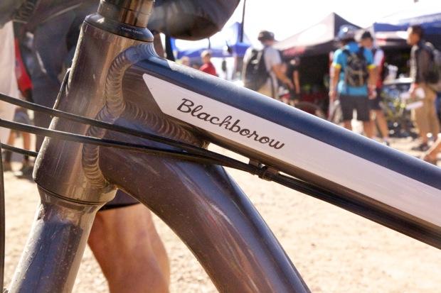 Salsa Blackborow: Close-up view of a bicycle frame featuring the name "Blackborow" on the downtube, with people and tents blurred in the background at an outdoor event.