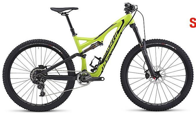 Specialized Stumpjumper FSR Expert Carbon Evo 650B: A bright green mountain bike with a sleek design, featuring a full suspension frame, wide tires, and a modern gear setup. The bike is positioned against a neutral background, emphasizing its sporty appearance and advanced engineering.