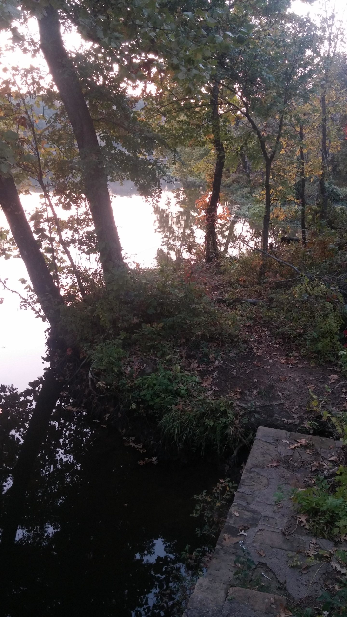 A serene view of a riverbank at sunset, surrounded by trees and lush vegetation. The calm water reflects the soft colors of the sky, creating a tranquil atmosphere. A stone path is visible along the river's edge, suggesting a peaceful trail through the natural landscape. Claremore mountain bike trail mountain bike trail.