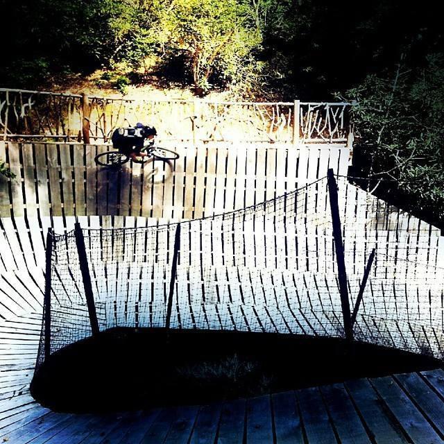 Airborne Goblin: A cyclist riding on a wooden ramp inside a dirt bike park, surrounded by trees. The ramp has a curved structure with a net for safety, and the scene is illuminated by natural light.
