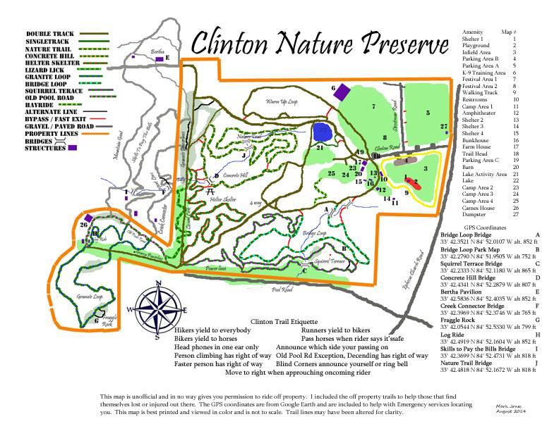 Map of Clinton Nature Preserve, detailing hiking and biking trails, amenities, and trail etiquette. The map includes marked paths, structures, and coordinates for various features within the preserve. It also contains a compass rose and notes on yielding protocols for trail users. Clinton Nature Preserve mountain bike trail.