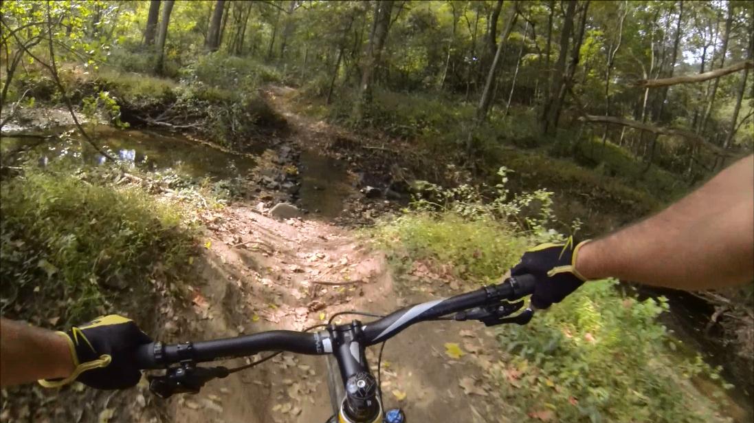 A mountain biker's perspective on a narrow dirt path leading through a wooded area, with a small stream visible to the side. The biker is wearing gloves and is gripping the handlebars of the bike, surrounded by greenery and autumn leaves scattered on the ground. Gunpowder Falls State Park mountain bike trail.