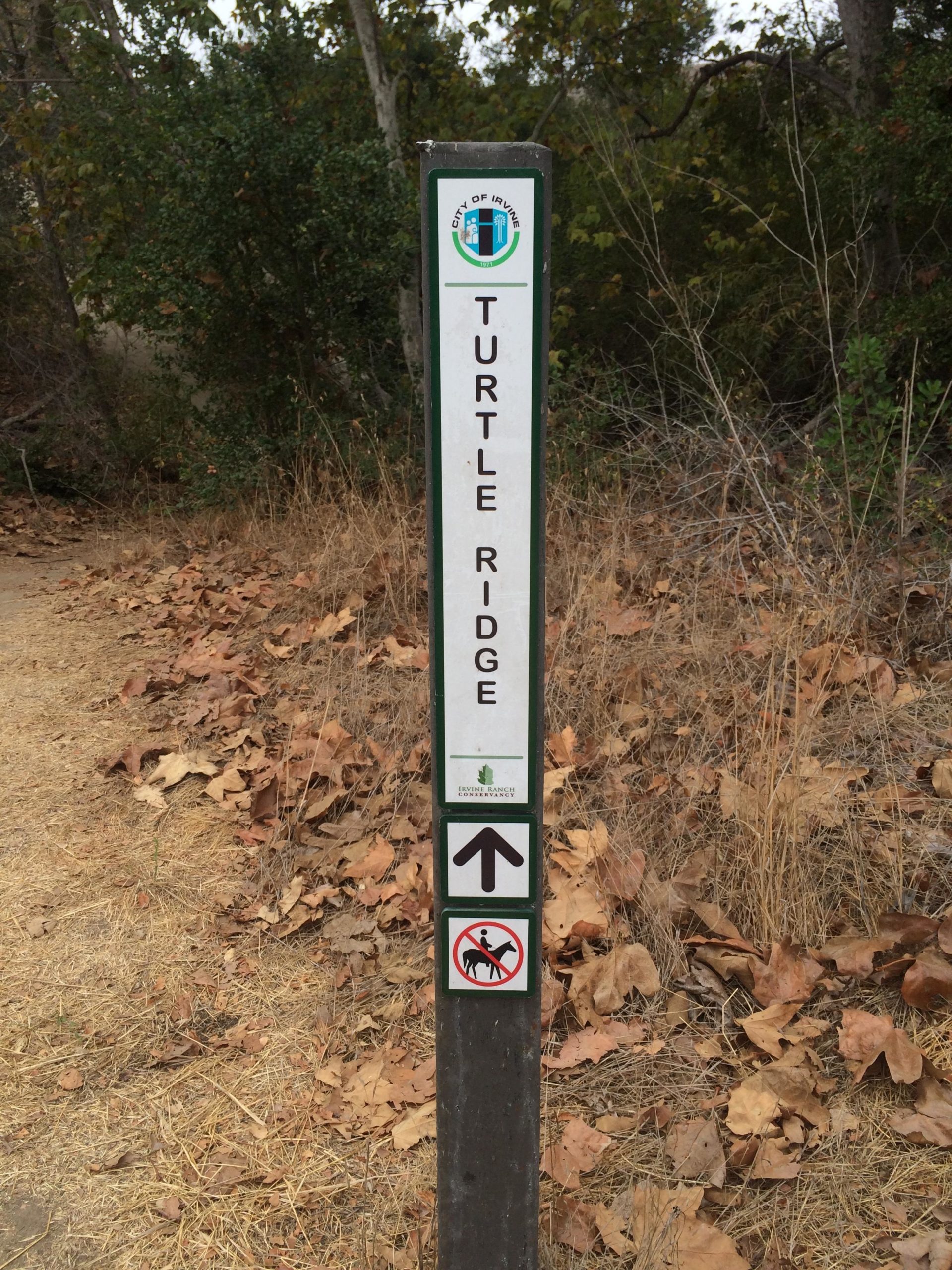 Signpost indicating the Turtle Ridge trail in Irvine, California, featuring a directional arrow, a logo for the city, and symbols indicating that dogs are not allowed on the trail. The background shows dry foliage and trees. Turtle Ridge Singletrack mountain bike trail.