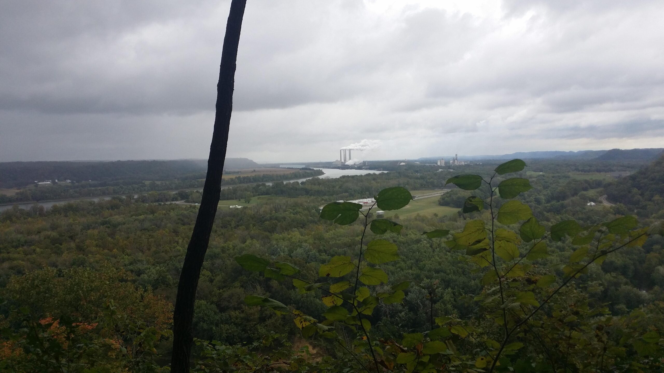 A view of a river winding through a lush green landscape under a cloudy sky, with smoke rising from industrial structures in the distance. The scene is framed by trees and foliage in the foreground, creating a natural border. Fort Duffield mountain bike trail.