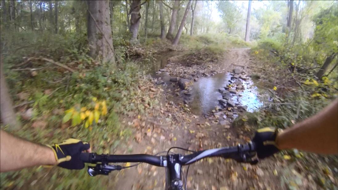 Alt text: A close-up view of a mountain bike handlebars, with one hand gripping the handlebar while riding on a dirt trail through a wooded area. The path features a small stream crossing and scattered rocks, surrounded by green foliage and autumn leaves. Gunpowder Falls State Park mountain bike trail.
