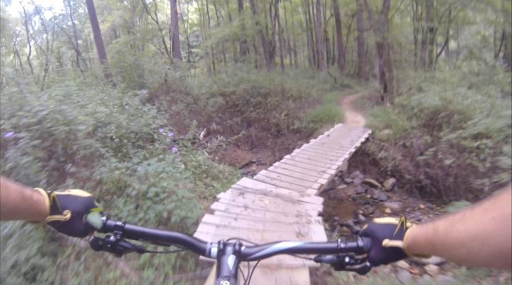 A first-person perspective of a mountain biker traversing a narrow wooden bridge over a small creek in a lush, green forest. The bike handlebars and gloved hands are visible in the foreground, with a winding trail visible in the background. Gunpowder Falls State Park mountain bike trail.