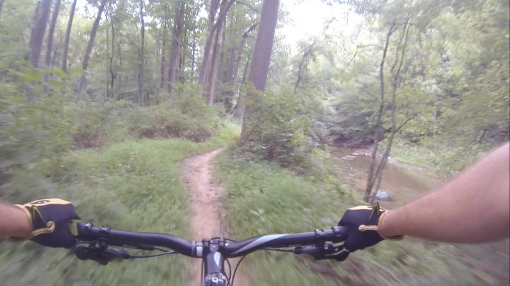 A first-person view of a mountain bike handlebar while riding on a narrow, winding dirt trail through a lush green forest. The image captures the scenery of tall trees and undergrowth, with a creek visible in the background. The rider's gloved hands are gripping the handlebars, emphasizing the outdoor biking experience. Gunpowder Falls State Park mountain bike trail.