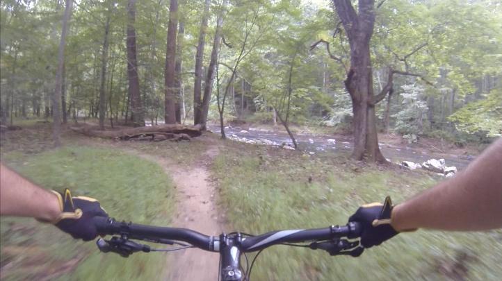A first-person perspective view of a mountain biking trail surrounded by lush green trees, with hands gripping the handlebars of the bike. In the background, a river can be seen flowing alongside the path. Gunpowder Falls State Park mountain bike trail.