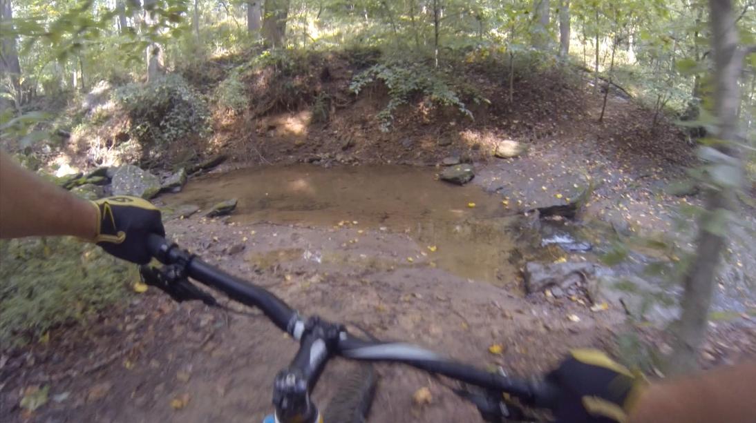 A close-up view of a mountain bike handlebar, with a rider's gloved hand gripping it, approaching a small stream with rocky edges in a wooded area. The scene is filled with green foliage and fallen leaves, suggesting an autumn atmosphere. Gunpowder Falls State Park mountain bike trail.