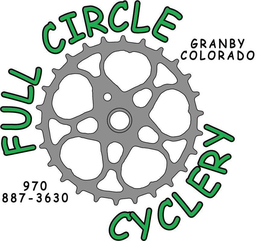 Logo of Full Circle Cyclery, featuring a stylized bicycle cogwheel in gray with the text "FULL CIRCLE" above and "CYCLERY" below in green. The location "Granby, Colorado" is displayed above the cog, and a phone number (970-887-3630) is included at the bottom.