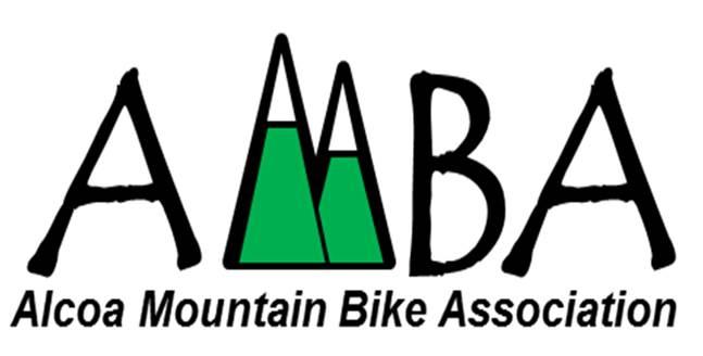 Logo of the Alcoa Mountain Bike Association (AMBA), featuring the acronym "AMBA" in bold black letters, with stylized green mountain graphics incorporated into the design.