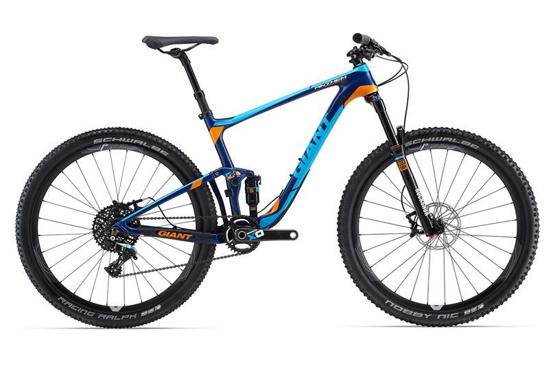 Giant Anthem Advanced SX 27.5: A blue and orange mountain bike with a sleek design, featuring a lightweight frame and high-performance components, including knobby tires for traction and a suspension system for shock absorption. The bike is positioned at an angle to showcase its features.
