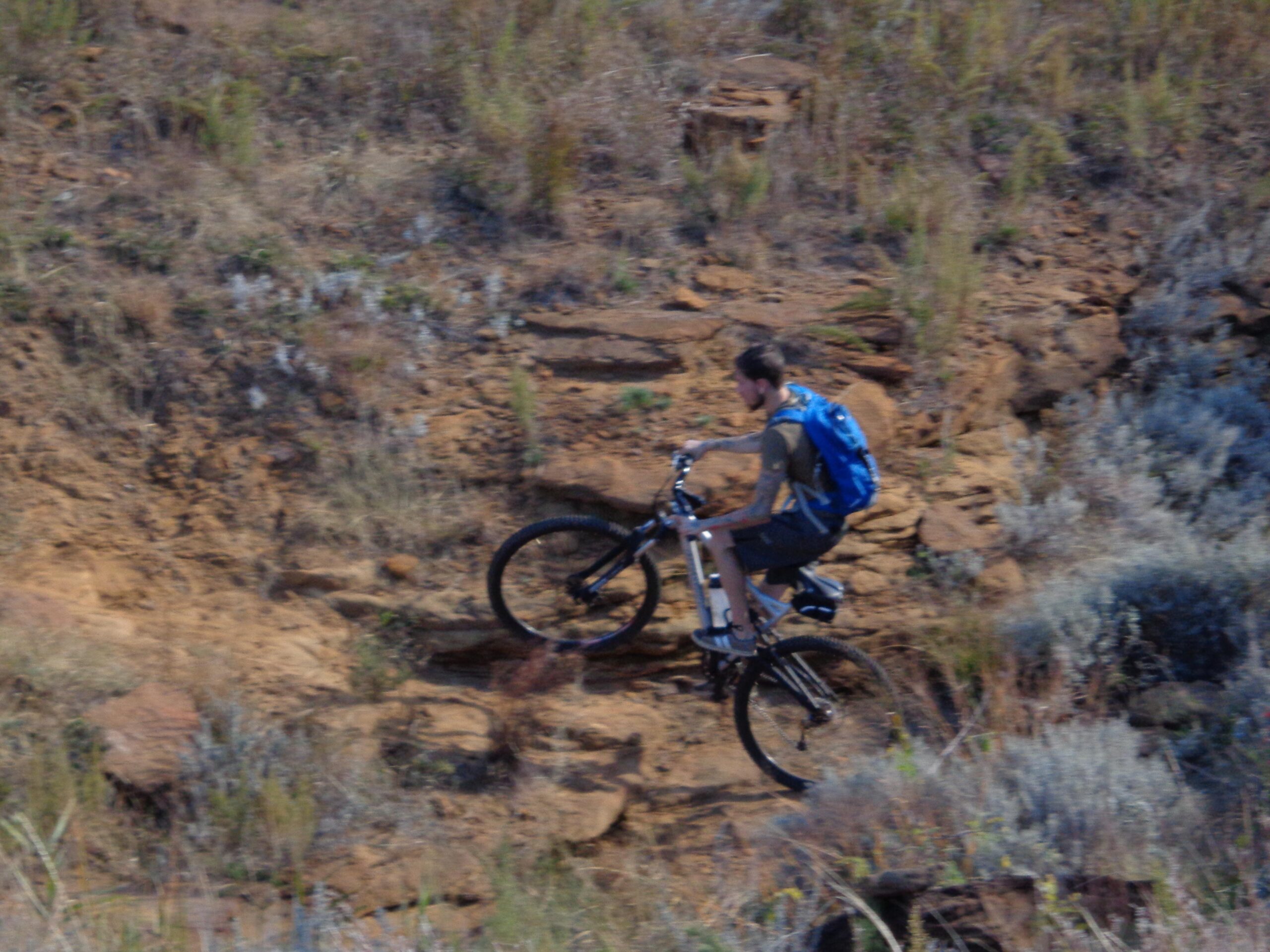 A person riding a mountain bike on a rocky trail, navigating through a rugged landscape with sparse vegetation and stones. The cyclist is wearing a backpack and is focused on the path ahead. Switchgrass mountain bike trail.