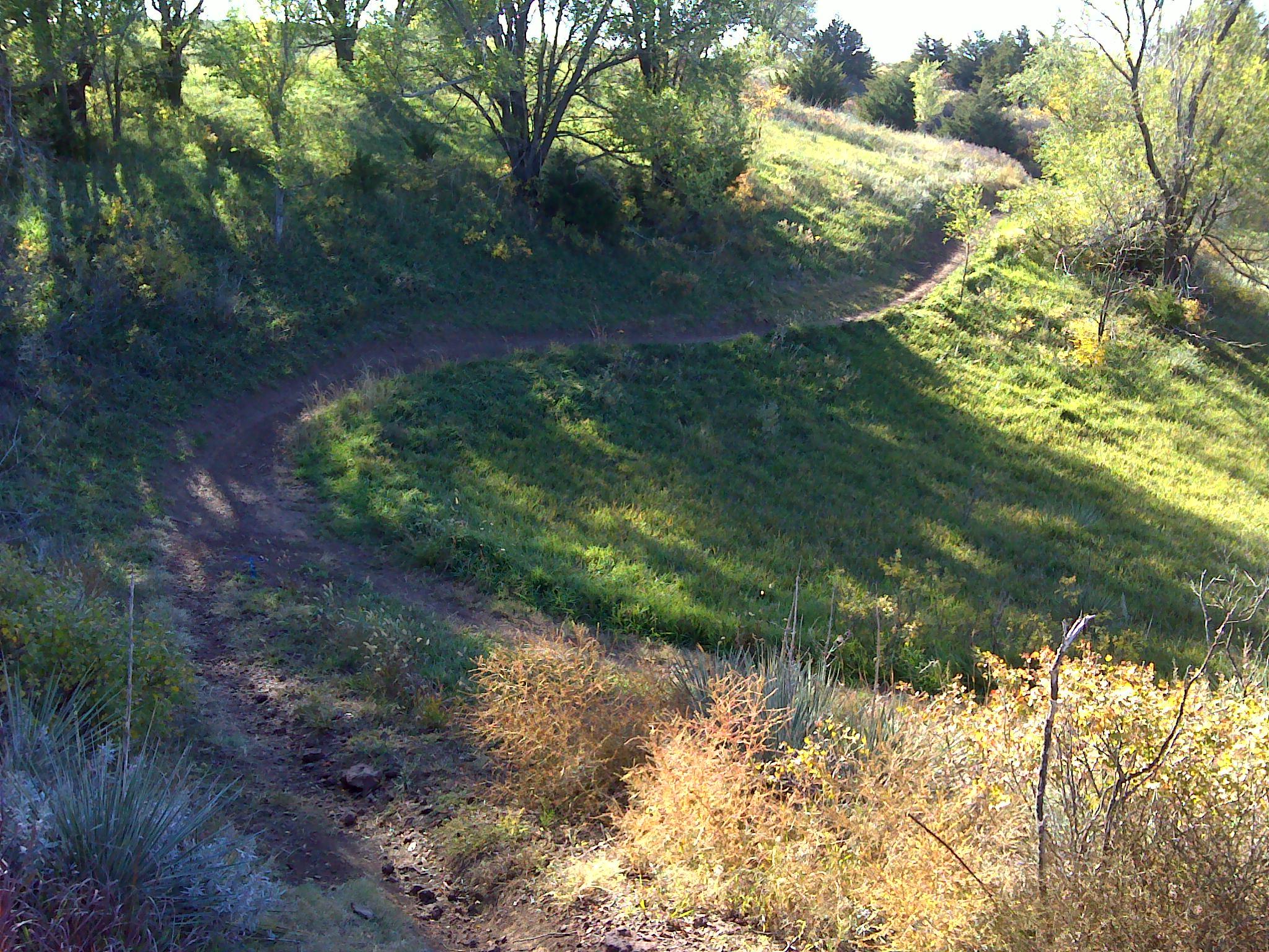 A winding dirt path surrounded by greenery, leading through a hilly landscape with trees and shrubs on either side. Sunlight casts shadows across the trail, creating a serene and natural setting. Switchgrass mountain bike trail.
