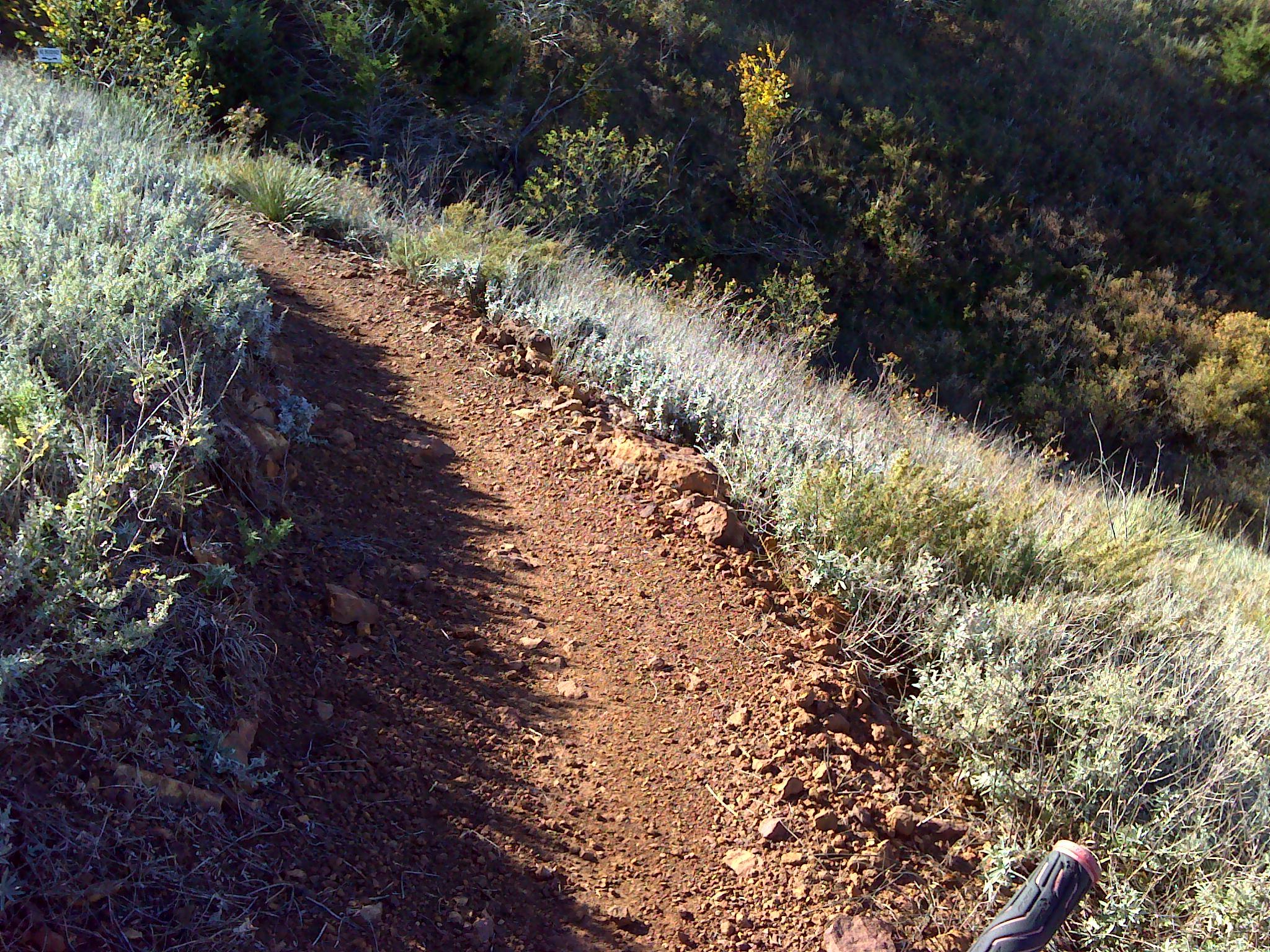 A narrow dirt trail meanders through a landscape of sagebrush and small rocks, with greenery on the hillside in the background. The sun casts a shadow along the path, suggesting a sunny day. Part of a hiking pole is visible in the foreground. Switchgrass mountain bike trail.