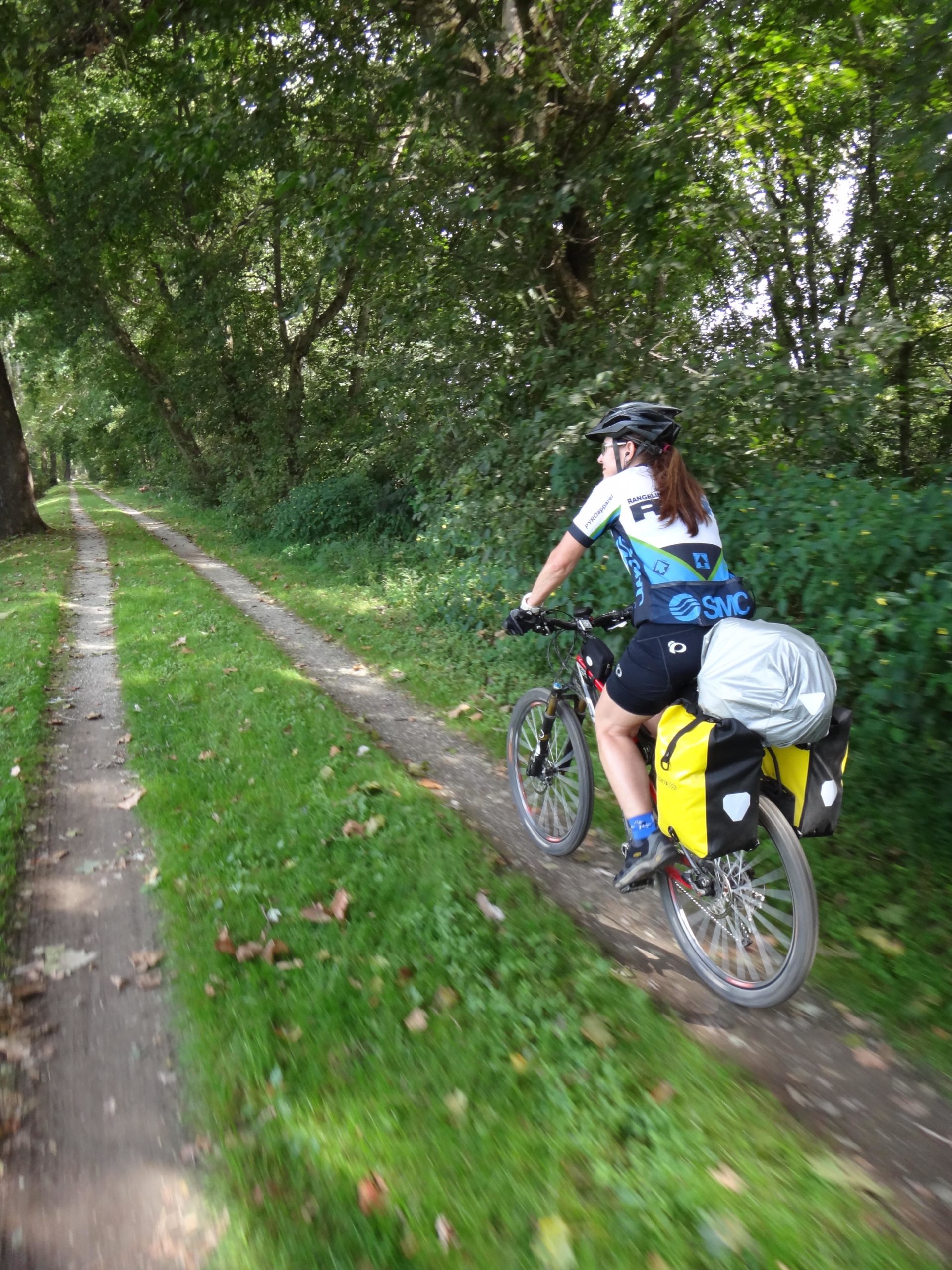 A cyclist rides along a dirt path surrounded by lush greenery and trees, with a bicycle equipped for touring, featuring yellow panniers. The image captures the sense of motion and the peacefulness of the outdoor environment. C&O Canal mountain bike trail.