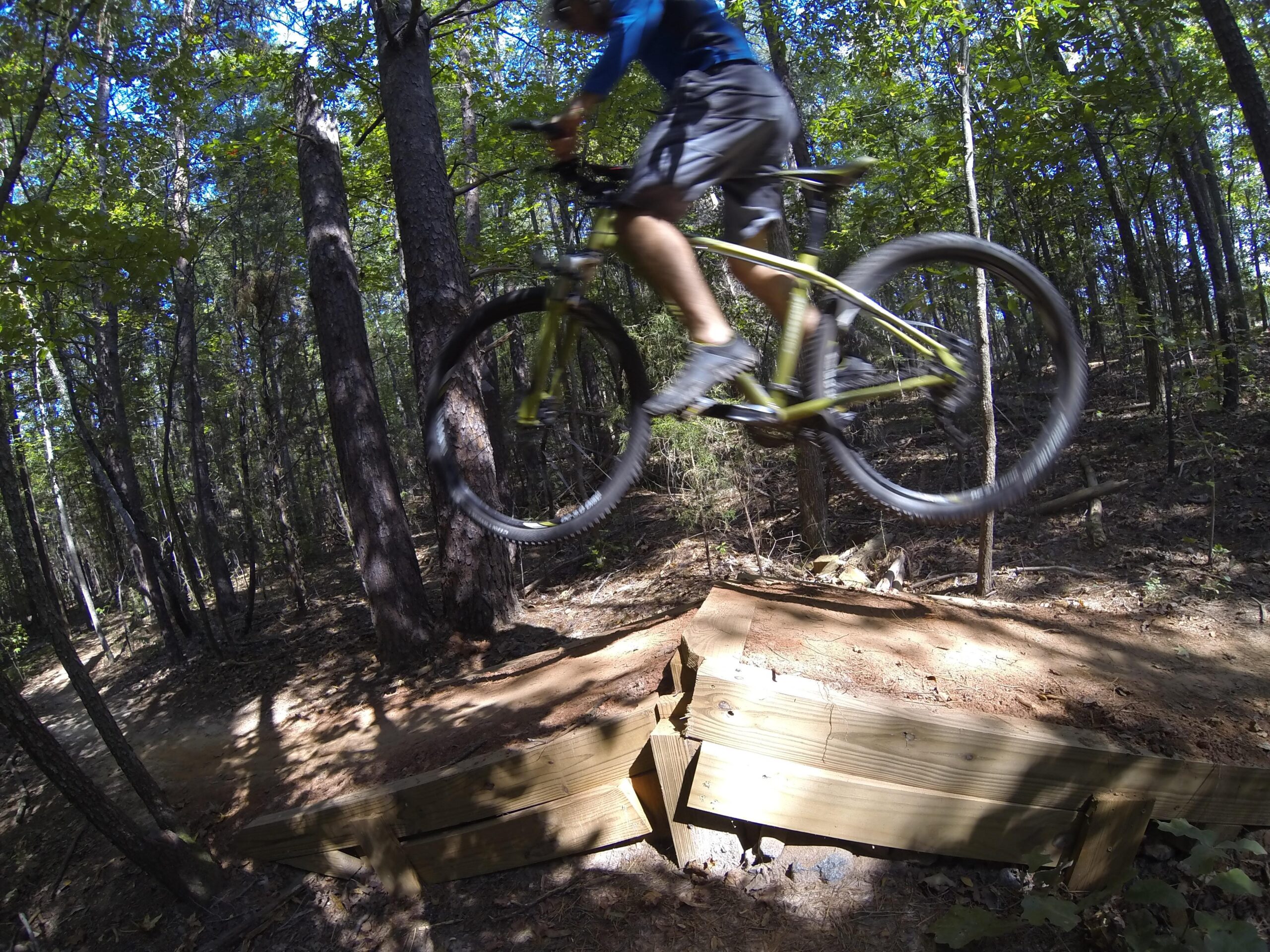 Cannondale Trail SL 29 3: A mountain biker performing a jump over a wooden ramp in a forested area, surrounded by trees and dappled sunlight filtering through the leaves.