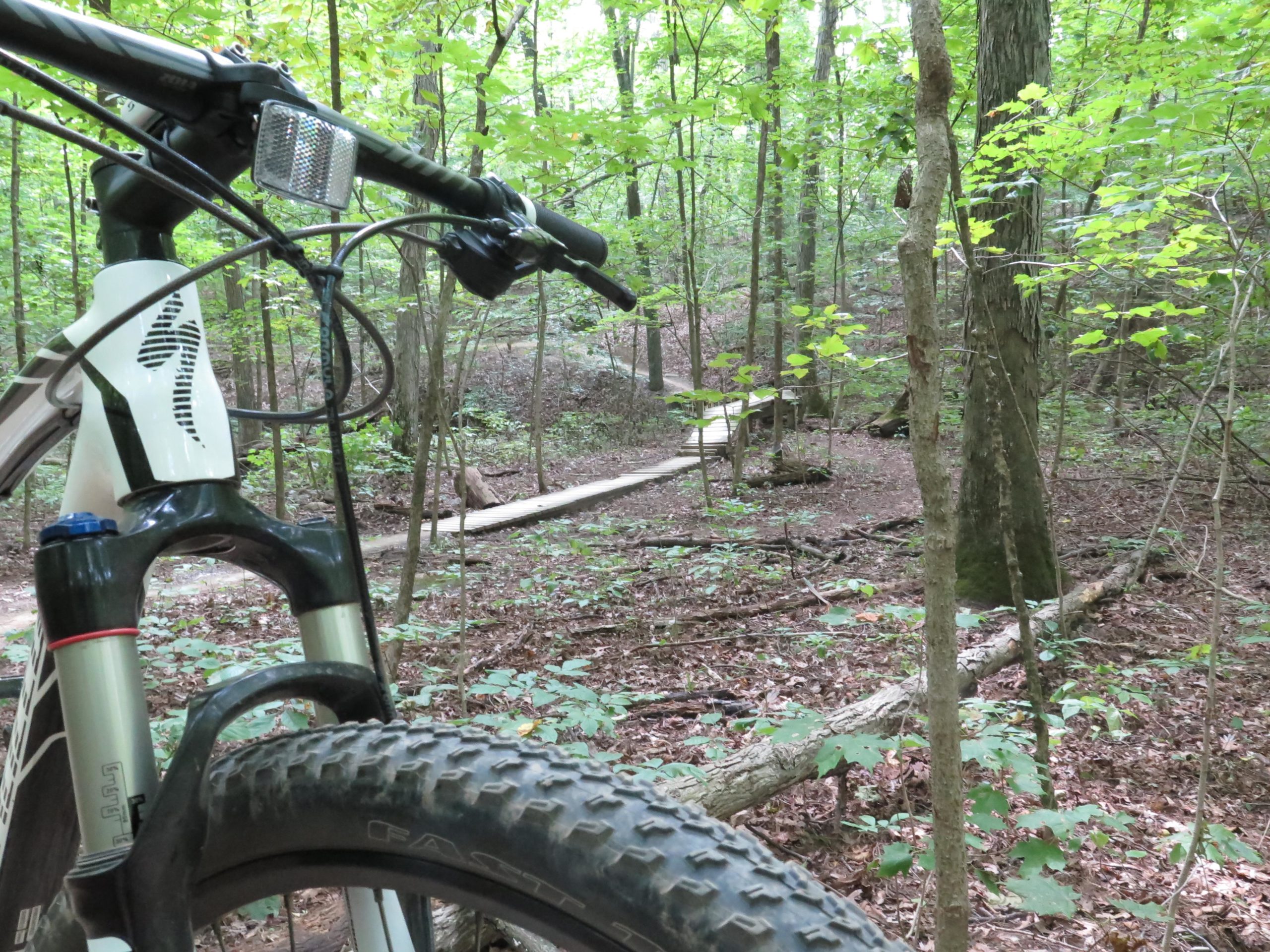 A close-up view of the front wheel and handlebars of a mountain bike, set against a lush green forest backdrop. A wooden path meanders through the trees, surrounded by foliage and earthy terrain. Alum Creek Phase II mountain bike trail.
