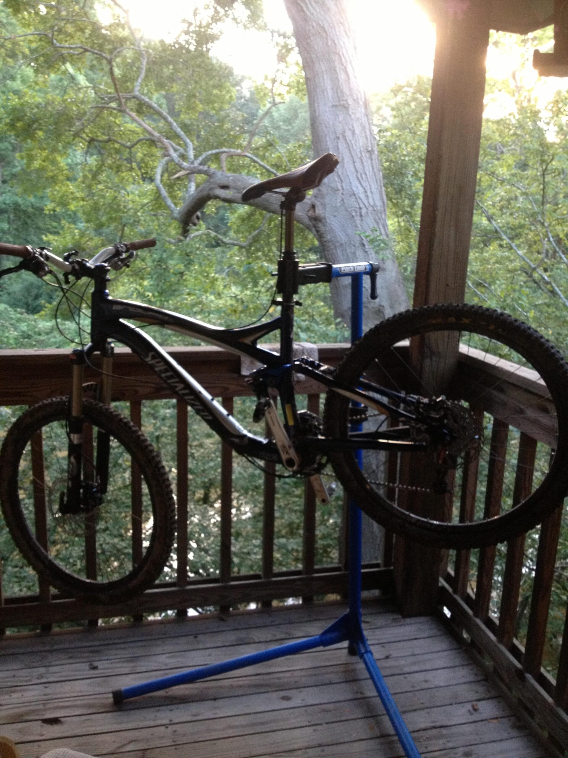 Specialized Enduro SL Pro: A mountain bike is elevated on a blue repair stand, positioned on a wooden deck. The background features lush green trees and a hint of sunlight peeking through, suggesting a serene outdoor setting. The bike has visible dirt, indicating recent use, and the environment suggests a maintenance or repair activity.