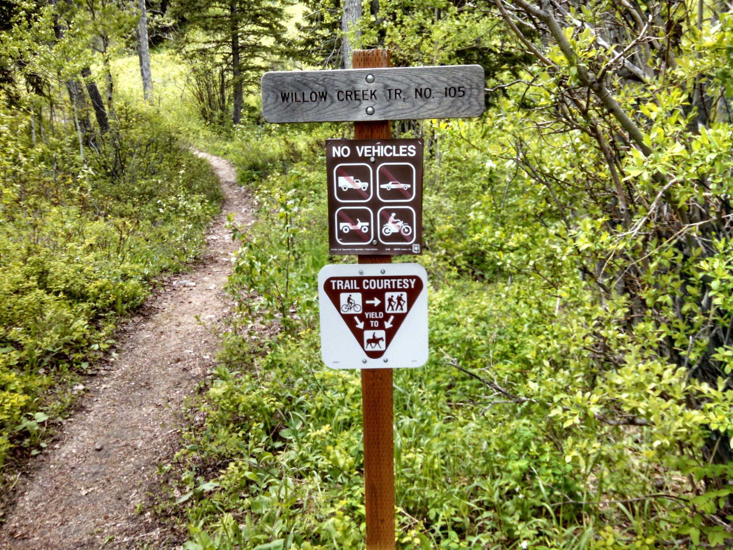 Signpost indicating the beginning of Willow Creek Trail No. 105, featuring regulations including "No Vehicles" and "Trail Courtesy" instructions with symbols for hikers, cyclists, and horses. Surrounded by lush greenery and a winding dirt path leading into the forest. Willow Creek #105 mountain bike trail.