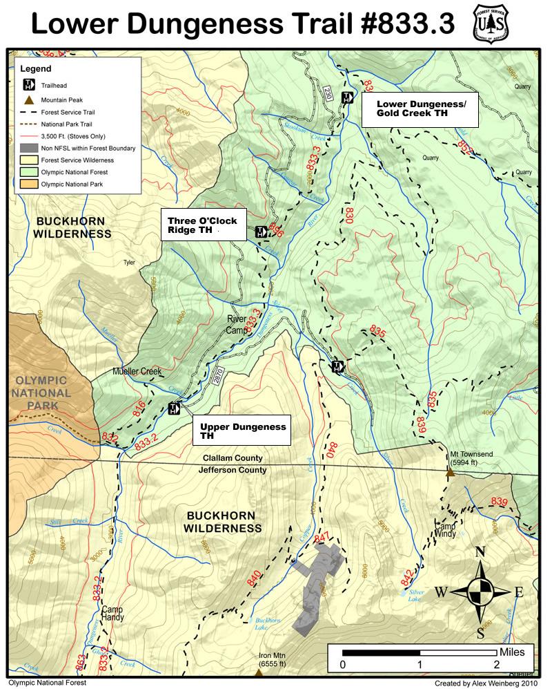 Map of the Lower Dungeness Trail (#833.3) showing the surrounding terrain in Olympic National Forest and Olympic National Park, including trailheads, mountain peaks, and various geographical features. The map includes information on elevation, trail designations, and nearby landmarks such as Buckhorn Wilderness, Three O