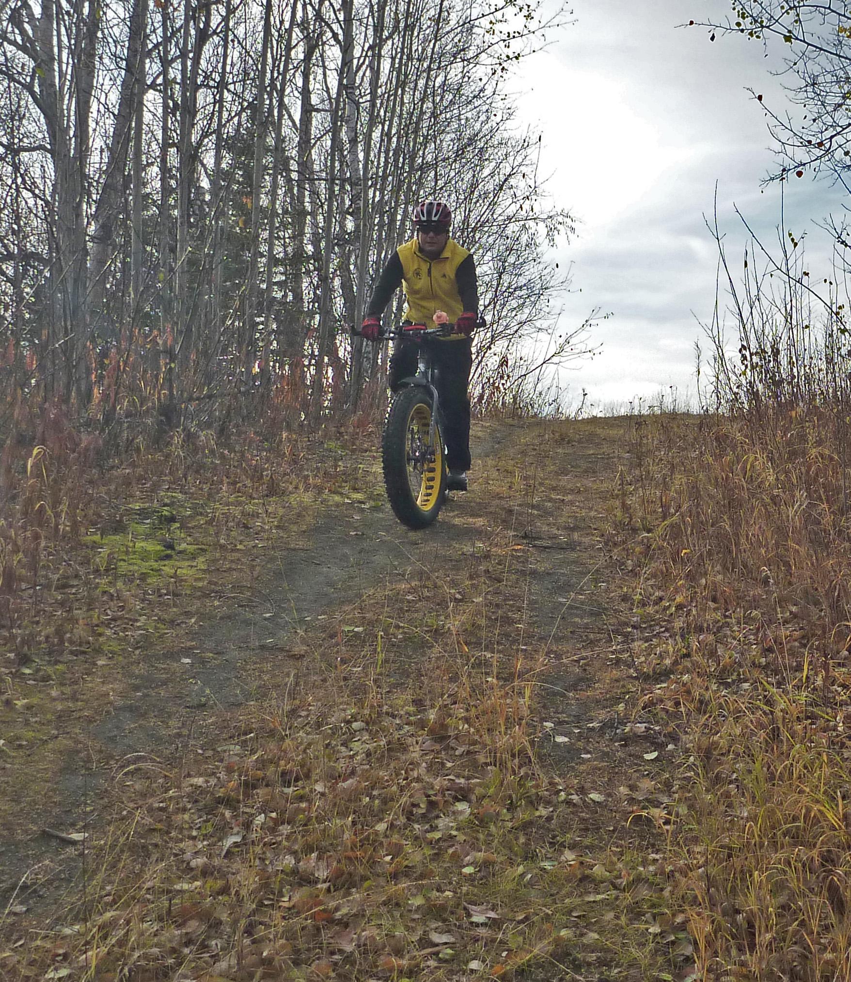 Surly Moonlander: A cyclist riding a fat bike on a dirt path surrounded by autumn foliage and bare trees under a cloudy sky. The rider is wearing a yellow and black jacket and a helmet, navigating a slight incline on the trail.