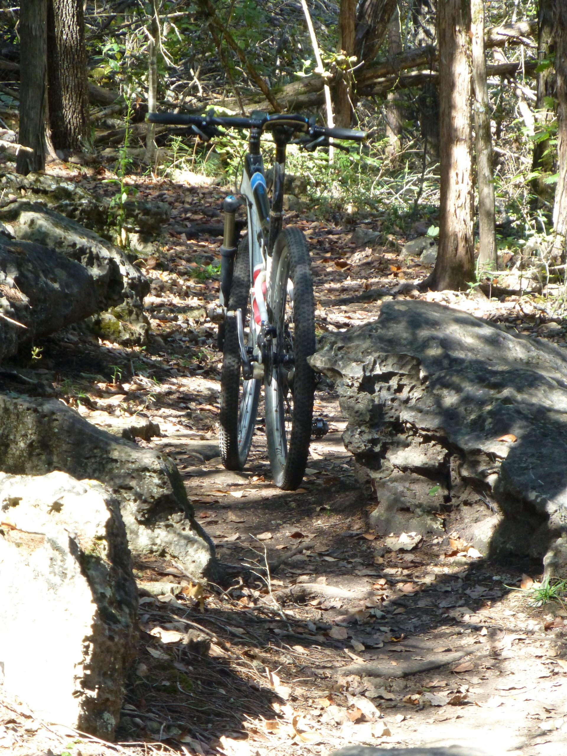 A mountain bike positioned on a narrow trail surrounded by rocky terrain and trees, with fallen leaves scattered on the ground. The sunlight filters through the foliage, creating dappled lighting on the path. White River Valley mountain bike trail.
