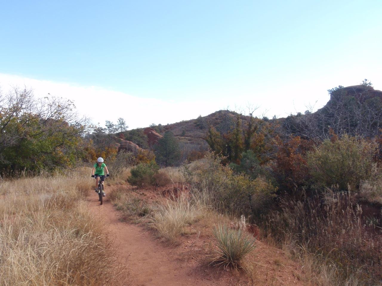 A person riding a mountain bike on a dirt trail surrounded by tall grass and shrubs in a natural landscape, with rolling hills and a blue sky in the background. Red Rock Canyon mountain bike trail.
