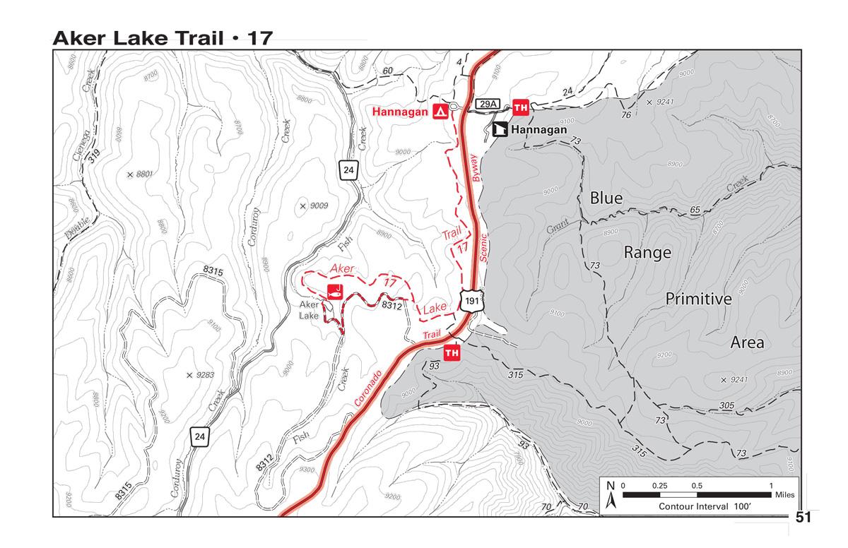 Map of Aker Lake Trail, showing trail routes, key landmarks including Aker Lake and Hannagan, contour lines indicating elevation, and nearby roads. The map features a scale for distance measurement and designated areas for hiking and primitive camping. Aker Lake Trail #17 mountain bike trail.