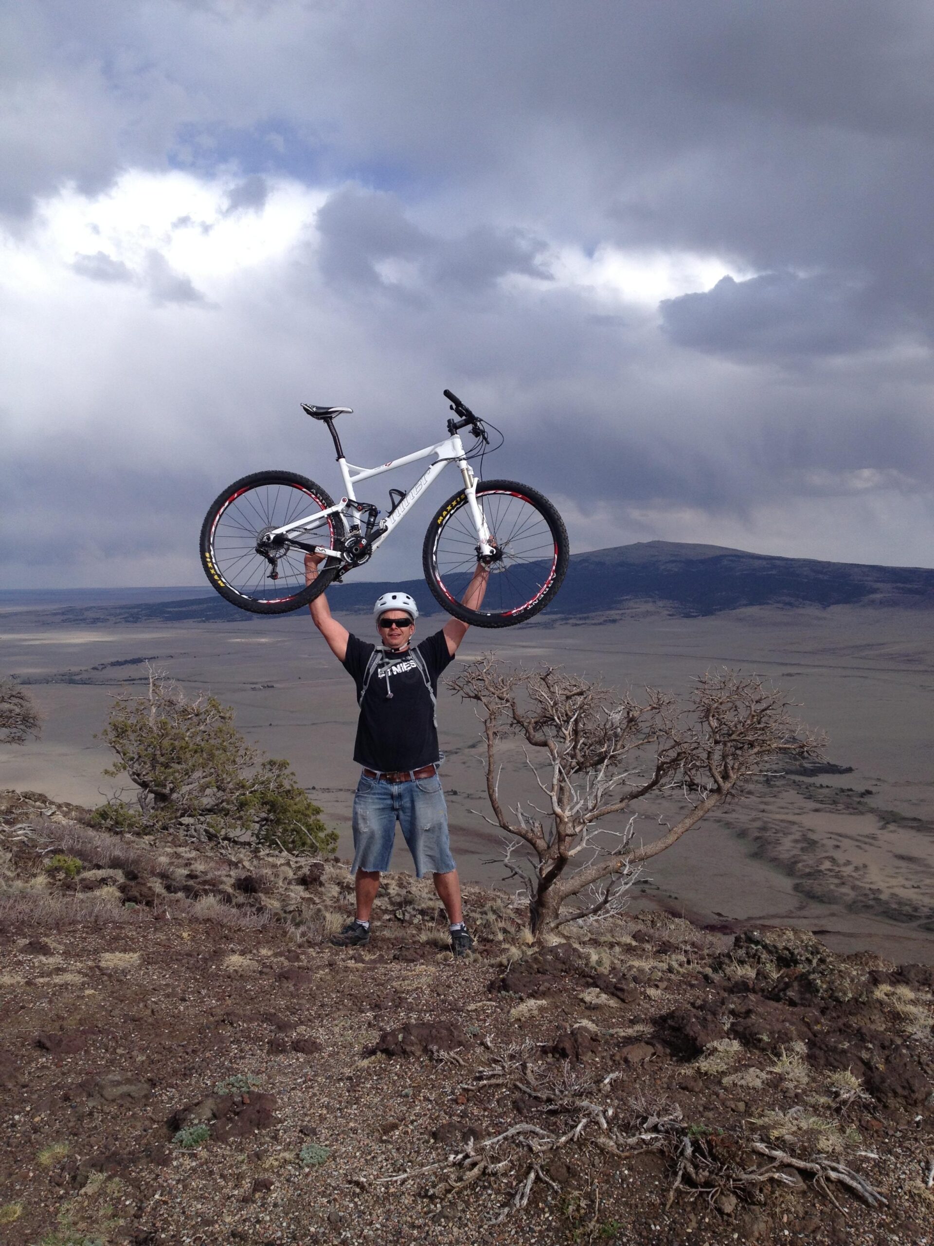 Niner Jet 9: A person stands atop a rocky mountain holding a mountain bike above their head, with a vast landscape of hills and cloudy skies in the background. The individual is wearing a helmet and casual clothing, exuding a sense of triumph after a challenging ride.