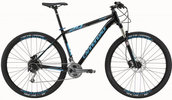 Cannondale Trail 3 2015: Alt text: A black and blue Cannondale mountain bike, featuring a lightweight frame, wide tires, and a sleek design, positioned on a plain background.
